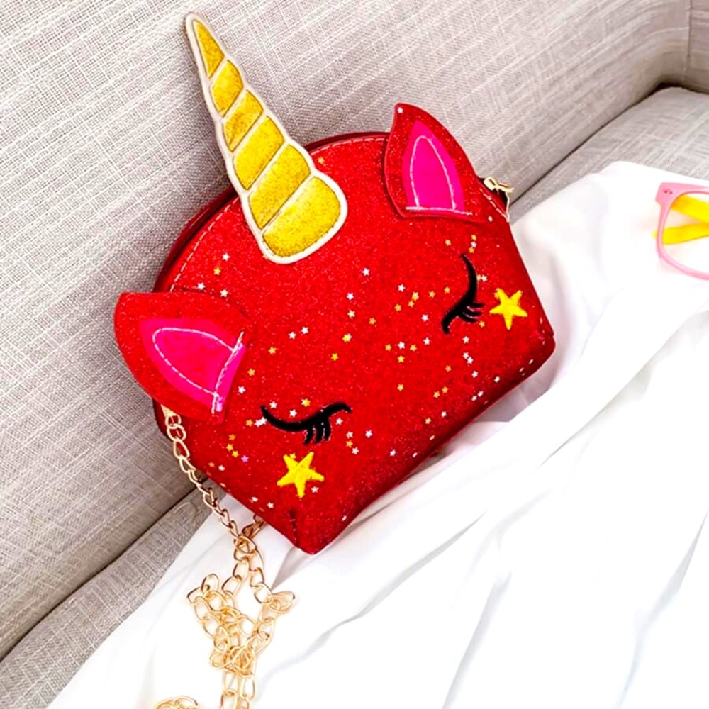 Unicorn With Horn 🦄 Red Leather Crossbody Bag With Gold Chain